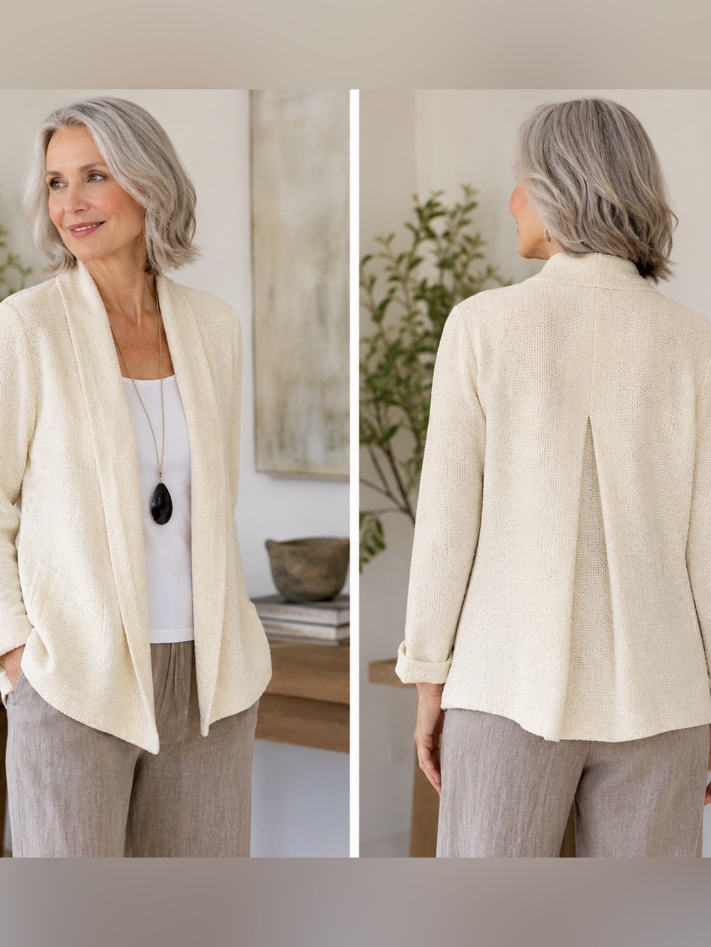 Eileen Fisher Woman Petite A Ivory Textured Linen Cotton Open Front Jacket Pleat